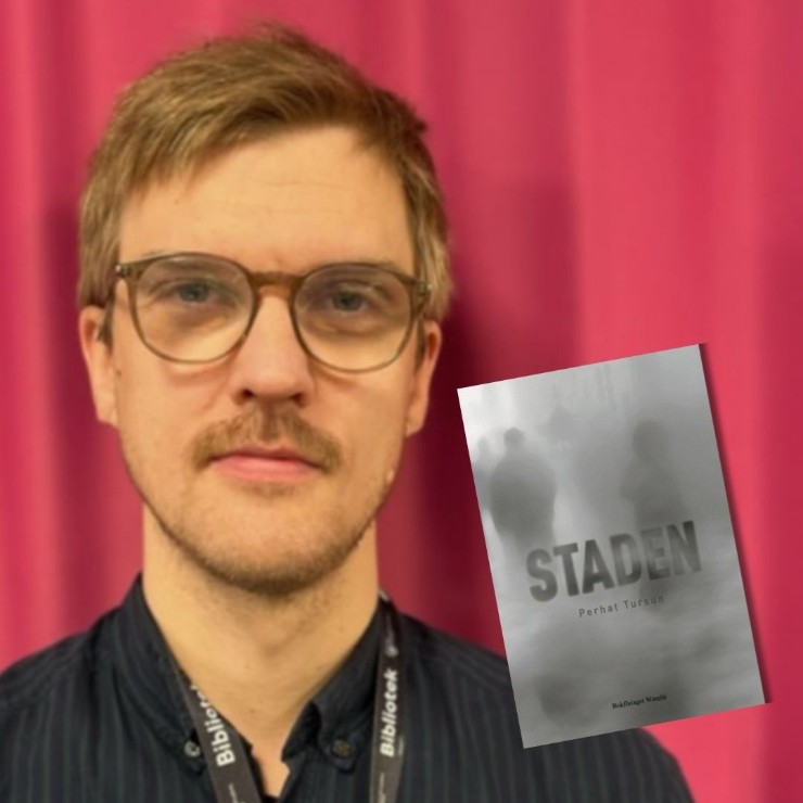 Collage föreställande bibliotekarien Erik och omslaget på boken han tipsar om. 