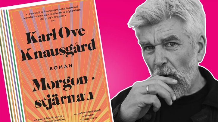 Collage med porträtt av Karl-Ove Knausgård och omslaget till hans bok Morgonstjärnan.