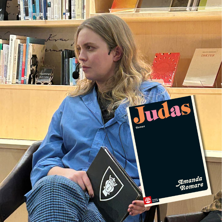 Collage föreställande bibliotekspedagogen Lova och omslaget på boken hon tipsar om. 
